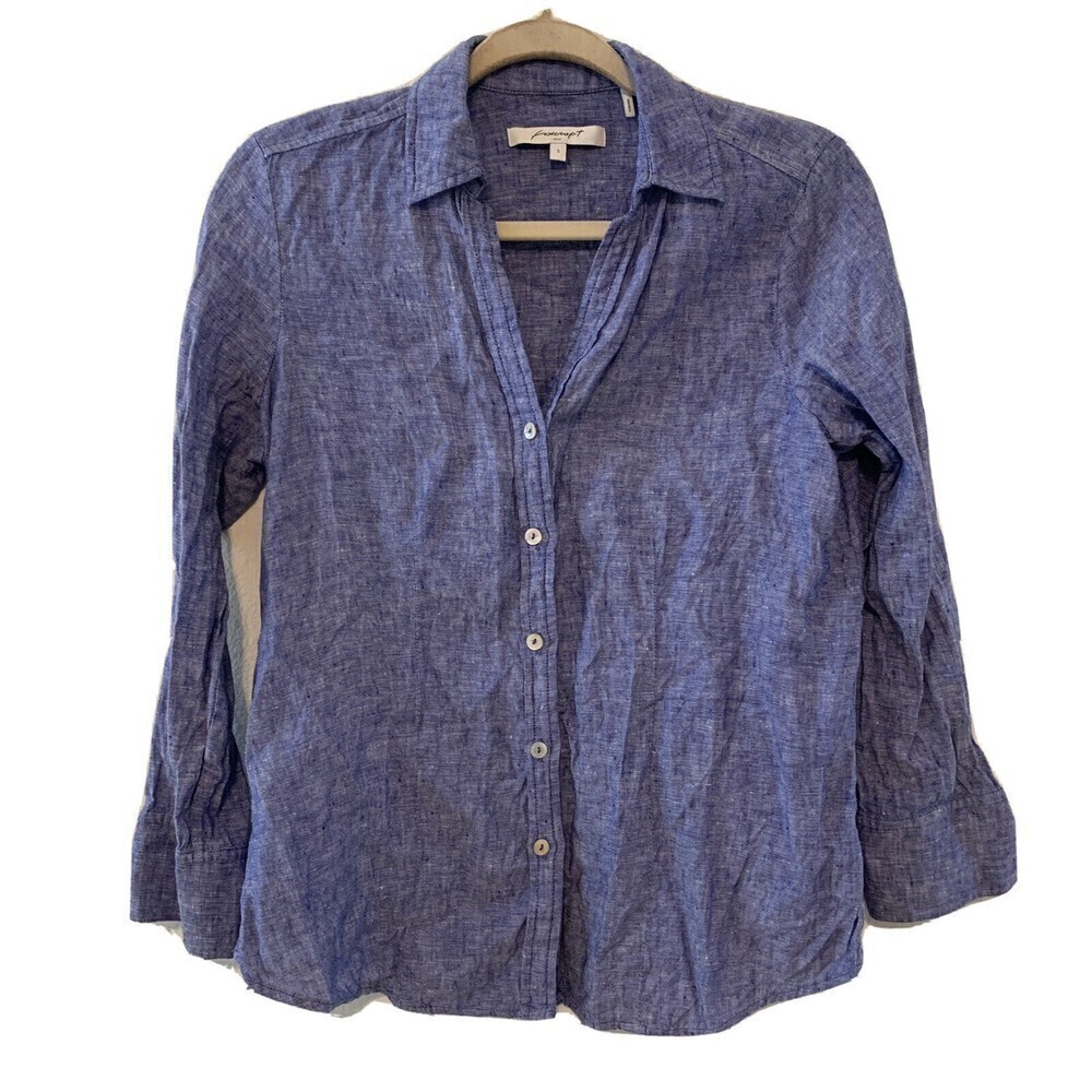 Foxcroft Womens Size Small Blue Linen Button Up Long Sleeve Blouse
